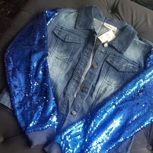 Denim Jacket with Blue Sequin Sleeves